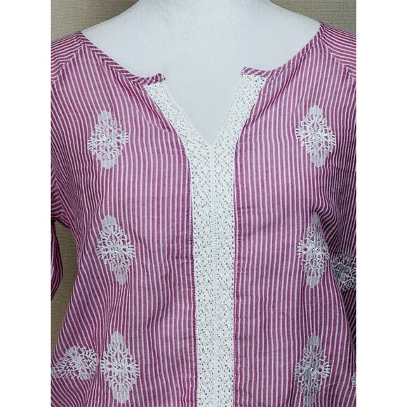 Women’s Pink White Striped Top Embroidered Lace Elastic Waist 3/4 Sleeves - Picture 2 of 13